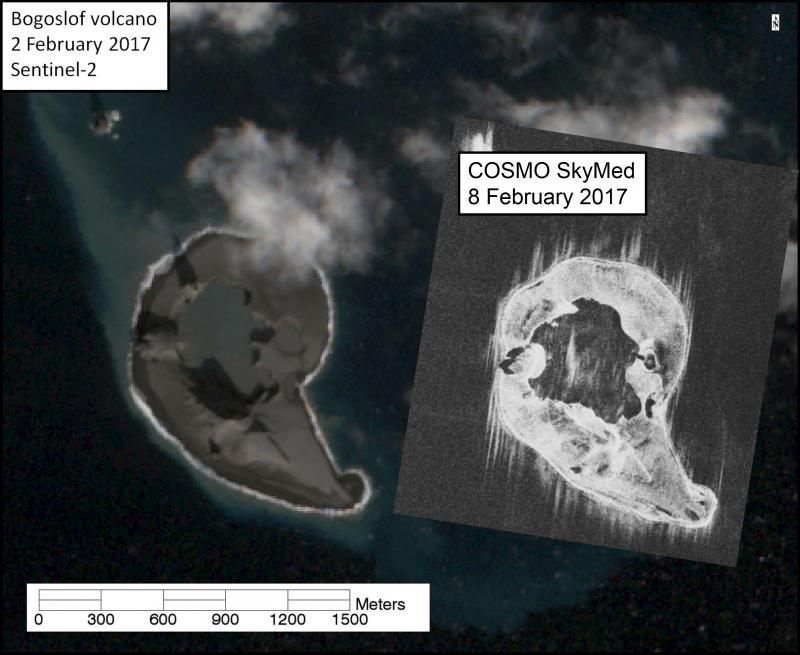 On the right, a COSMO SkyMed Synthetic Aperture Radar (SAR) satellite image from 8 February showing that the vent location at Bogoslof is still underwater. A Sentinel-2 visible image from 2 February is shown on the left for reference. Please note that SAR images have significant geometric distortion, so a direct comparison between features is not straightforward. 
