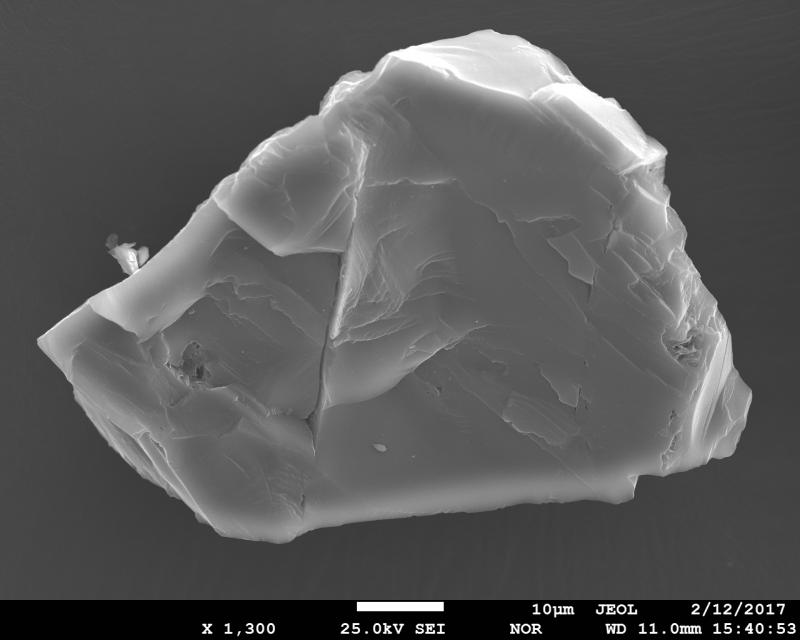 SEM image of volcanic ash from January 31, 2017 eruption of Bogoslof Volcano. This is an individual plagioclase crystal. The sample was collected in Dutch Harbor, ca. 60 miles to the east from the volcano by Ginny Hatfield. SEM image was acquired using JEOL JXA-8530f electron microprobe at the Advanced Instrumentation Laboratory of the University of Alaska Fairbanks. 
