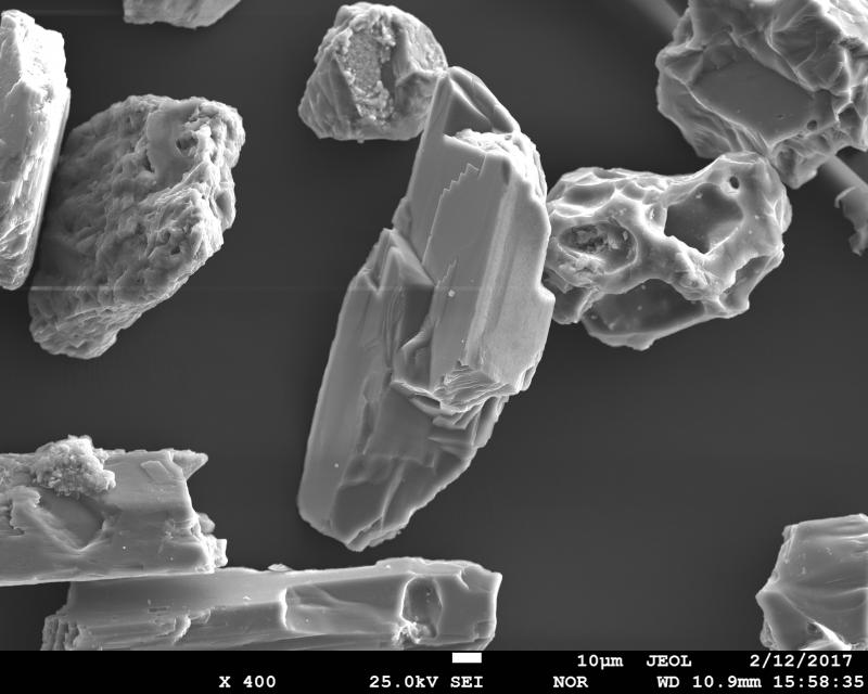 SEM image of volcanic ash from January 31, 2017 eruption of Bogoslof Volcano. The angular ash particle in the middle is an amphibole crystal. The sample was collected in Dutch Harbor, ca. 60 miles to the east from the volcano by Ginny Hatfield. SEM image was acquired using JEOL JXA-8530f electron microprobe at the Advanced Instrumentation Laboratory of the University of Alaska Fairbanks. 