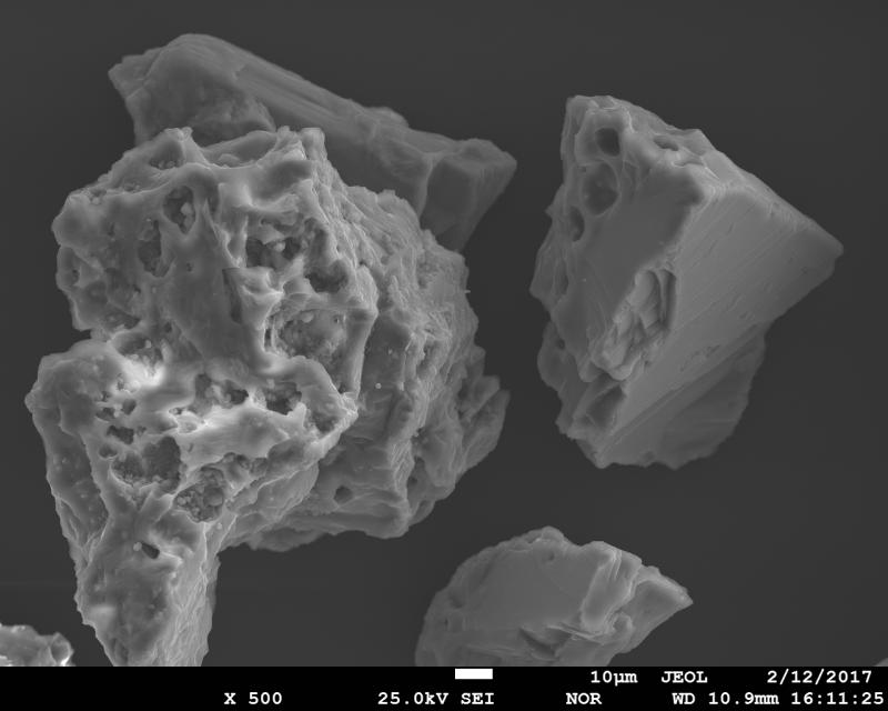 SEM image of volcanic ash from January 31, 2017 eruption of Bogoslof Volcano. The sample was collected in Dutch Harbor, ca. 60 miles to the east from the volcano by Ginny Hatfield. SEM image was acquired using JEOL JXA-8530f electron microprobe at the Advanced Instrumentation Laboratory of the University of Alaska Fairbanks. 