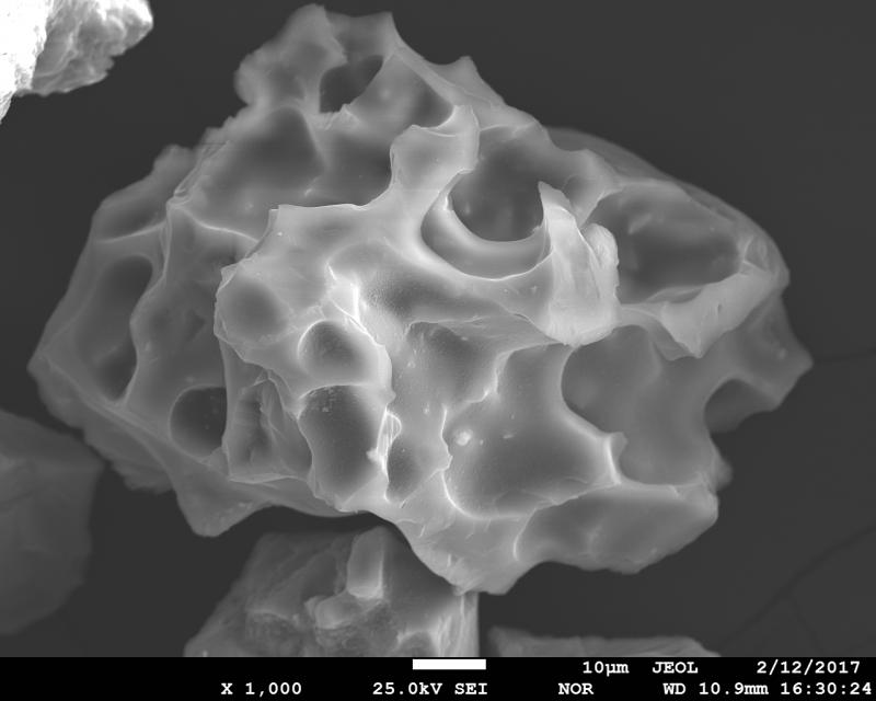 SEM image of volcanic ash from January 31, 2017 eruption of Bogoslof Volcano. This is a vesicular, glassy ash particle. The sample was collected in Dutch Harbor, ca. 60 miles to the east from the volcano by Ginny Hatfield. SEM image was acquired using JEOL JXA-8530f electron microprobe at the Advanced Instrumentation Laboratory of the University of Alaska Fairbanks.