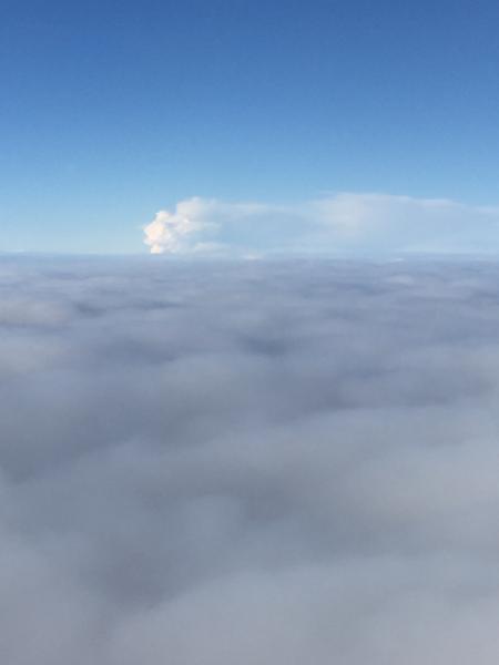 Bogoslof&#039;s eruption plume, February 17, 2017, as viewed from an airplane landing in Dutch Harbor. Photo courtesy of Virginia Hatfield.