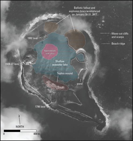 Features and deposits on Bogoslof Island as of February 12, 2017. Based on analysis of this image, it appears that no significant pyroclastic deposits were emplaced on the island during eruptive activity between January 31 and February 12, 2017.  The main changes since January 31 (the date of the last high-resolution satellite view of the island) are primarily a result of wave erosion and enlargement of the shallow seawater lake in the center of the island. The Bogoslof Island landscape will continue to be modified by ocean waves, and further changes in the configuration of the island are likely. &copy;2017 Digital Globe NextView License. Base image Worldview-2, 2/12/2017.