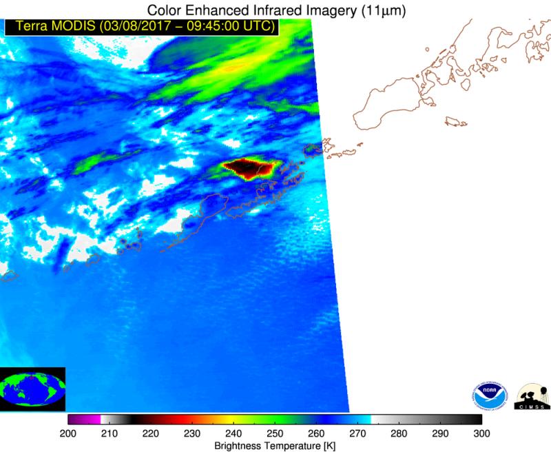 Thermal infrared satellite image of the volcanic ash cloud (dark grey and red) at 09:45 UTC (12:45 AM AKST) on 8 March 2017. This cloud was at an altitude of at least 35,000 ft above sea level. 