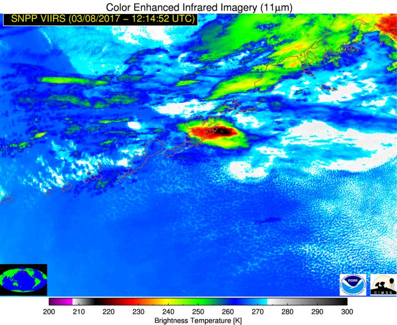 Thermal infrared satellite image of the volcanic ash cloud (dark grey and red) at 12:15 UTC (3:15 AM AKST) on 8 March 2017. This cloud was at an altitude of at least 35,000 ft above sea level. 

