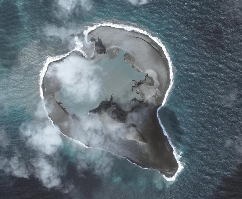 Worldview-2 satellite image of Bogoslof volcano collected on March 11, 2017 at 22:15 UTC (1:15 PM AKST). Eruptive activity on March 8 produced large changes in the shape and size of the island. The most active vent for the explosive activity is located under the water in the center of the island, and it was greatly enlarged by the March 8 event. The western coastline has grown, and a new vent was produced on the north shore of the island. Image data provided under Digital Globe NextView License.