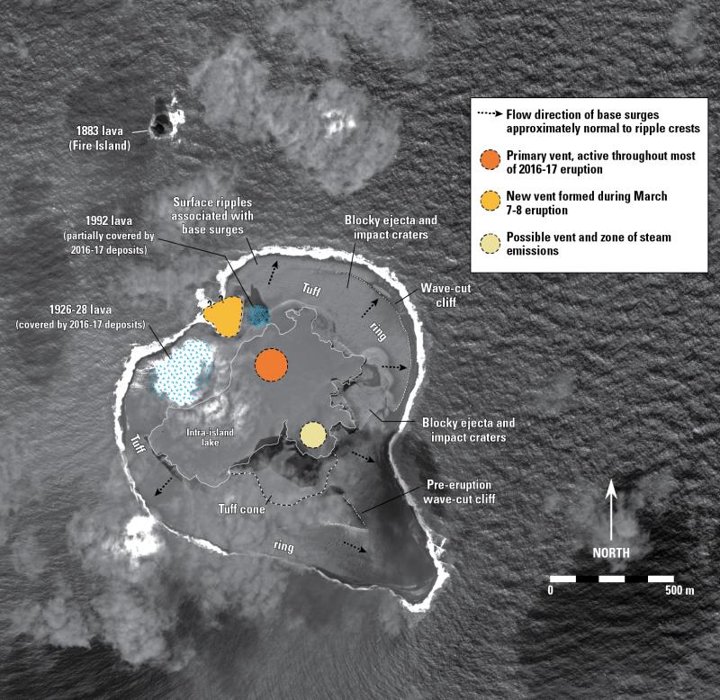 March 11, 2017 Worldview-2 satellite image of Bogoslof Island showing features and changes resulting from the March 7-8 eruption. A new vent developed on the northwest shore of the island adjacent to the lava dome that formed during the 1992 eruption. Most of the deposits on the surface appear fine grained and were likely emplaced by pyroclastic base surges. The surface of these deposits exhibit ripples, dunes and ballistic impact craters. The scalloped appearing shoreline of the intra-island lake is probably the result of groundwater related erosion (sapping) of the pyroclastic deposits as water refills the lake. Most or all of the water in the lake was likely expelled by the eruption column exiting the primary or other vents. The area of Bogoslof Island in this image is about 0.98 square kilometers. Image data provided under Digital Globe NextView License.  