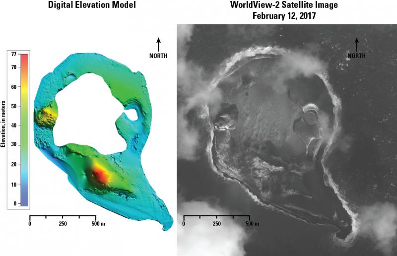 Digital elevation model (DEM) and satellite image of Bogoslof Island, February 12, 2017. The DEM was generated by Angie Diefenbach, USGS, Cascades Volcano Observatory from stereo WorldView satellite images. Image data provided under Digital Globe NextView License. 
