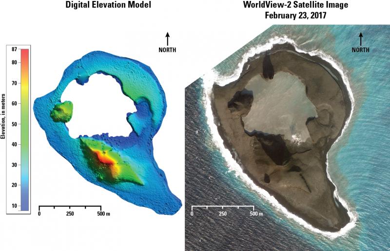 Digital elevation model (DEM) and satellite image of Bogoslof Island, February 23, 2017. The DEM was generated by Angie Diefenbach, USGS, Cascades Volcano Observatory from stereo WorldView satellite images. Image data provided under Digital Globe NextView License. 
