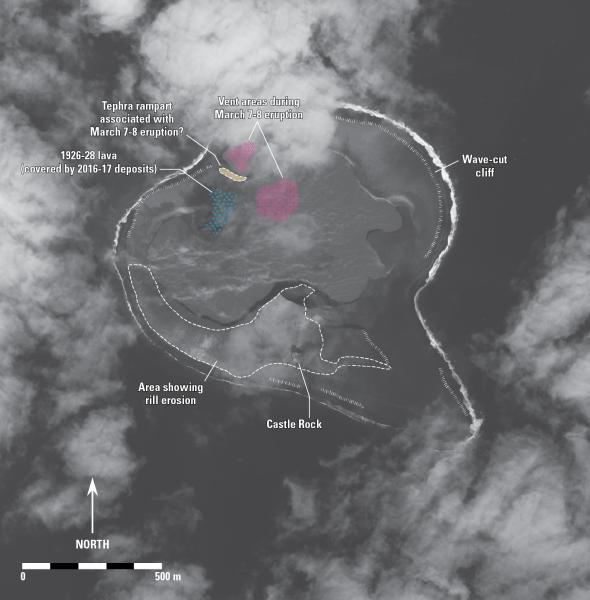 March 21, 2017 WorldView satellite image of Bogoslof Island. It is difficult to identify deposits associated with the most recent eruption on March 13 in this image and most of the surficial features evident are erosional. Rill erosion has begun to modify the southern part of the island and it is possible that deeper gullies will form if no new deposits are emplaced during future eruptive events. Image data provided under Digital Globe NextView License.
  