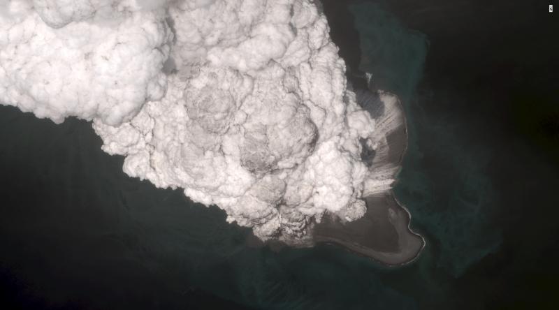 Worldview satellite image collected at 14:34 AKDT (22:34 UTC) on May 28, 2017 showing the initial development of the eruption cloud from Bogoslof volcano. The eruption began about 18 minutes prior to this image and the cloud rose to an altitude in excess of 40,000 ft above sea level. The white color of the eruption cloud is due to the large amount of water that is incorporated into the eruption column as the vent is located in shallow water. Image data provided under the Digital Globe NextView License.