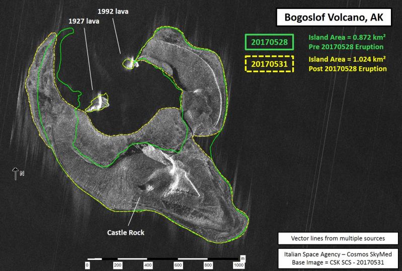 Changes in the morphology of Bogoslof volcano following the eruption on May 28, 2017. 