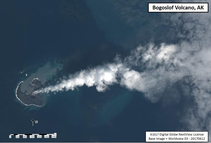 Worldview satellite image of Bogoslof volcano collected at 23:13 UTC on June 12, 2017. The circular embayments were formed by a series of more than 40 explosions that began in mid-December, 2016. These explosions have greatly reshaped the island as material is removed and redeposited as air fall. Vigorous steaming is observed from a region to the south of the most active vent areas in the lagoon. Lava extrusion produced a circular dome that first rose above the water on June 5 and grew to a diameter of ~160 m (525 ft) before being destroyed by an explosion early in the day on June 10. Large blocks of the destroyed dome can be seen littering the surface of the island near the lagoon.