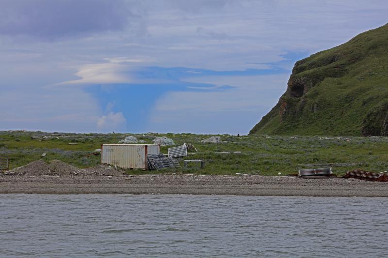 Volcanic cloud rising above Bogoslof Volcano, 18:14 AKDT, June 23, 2017. View is from Mutton Cove on southwest Unalaska Island about 67 km southeast of the volcano. Photo by Masami Sugiyama courtesy of Allison Everett. AVO estimated the volcanic cloud reached about 36,000 ft above sea level.
