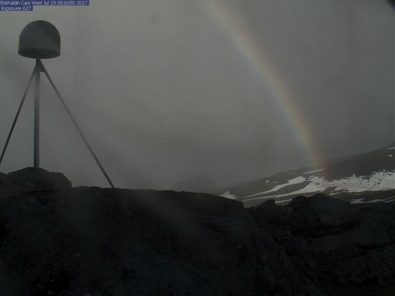 Morning rainbow on the Shishaldin volcano webcam.
