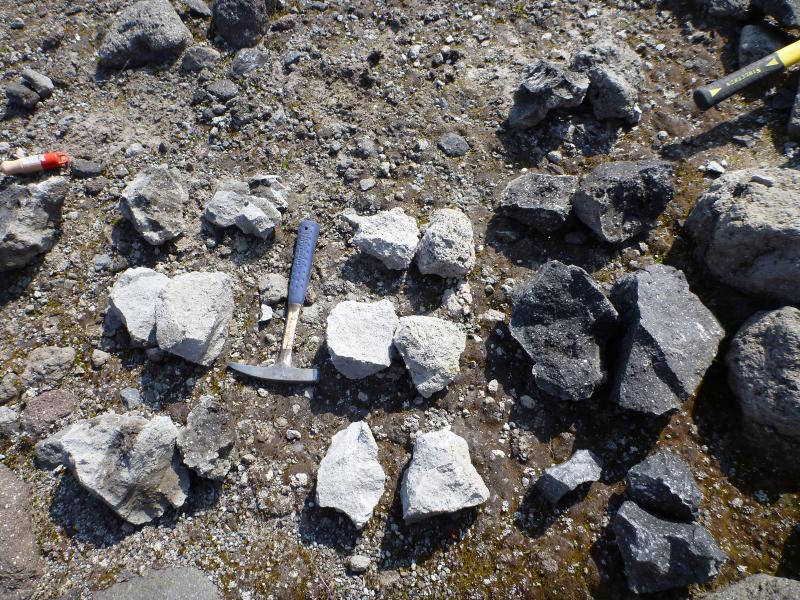 Field work at Augustine Volcano. Examples of main rock types of 2006 eruption. From left to right, banded pumices, high-silica andesite, and low-silica andesite. 