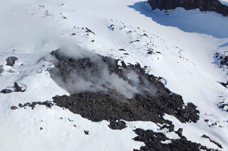 Fumaroles on south slope of lava dome,  looking downhill.  Photos of the summit area of Great Sitkin volcano show steaming, snow-free areas on the lava dome.