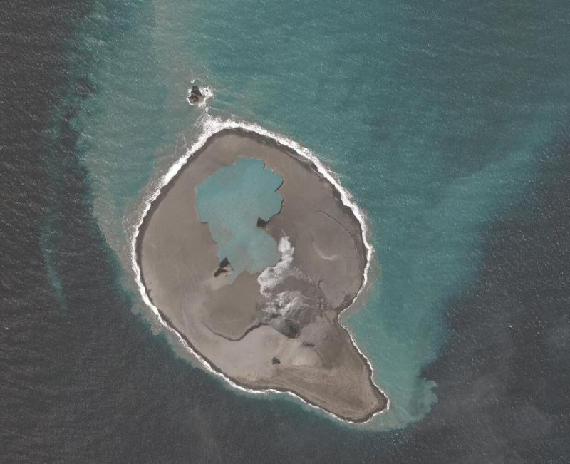 Worldview satellite image of Bogoslof volcano collected on August 13, 2017. The vent region has refilled with water compared to a previous image collected on August 8, 2017. Presumably this is due to infiltration of seawater through the porous fallout deposits. 

Data provided by Digital Globe under the NextView license.