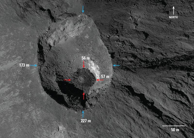 Summit crater of Cleveland Volcano showing recently emplaced lava flow on the floor of the crater. The dimensions of the lava flow and summit crater also shown. The plan-view area of the lava flow is about 2240 square meters. Worldview-3 image, provided under the Digital Globe NextView license.