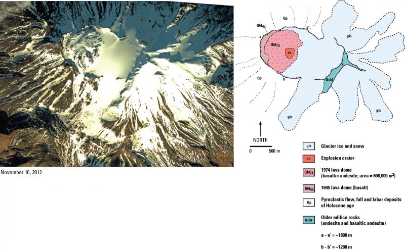 November 16, 2012 Worldview-3 satellite image and generalized geology of the summit of Great Sikin volcano. The 1974 lava dome has dimensions of about 980 x 800 m and an area of about 600,000 square meters. Image data acquired with the Digital Globe NextView License. 