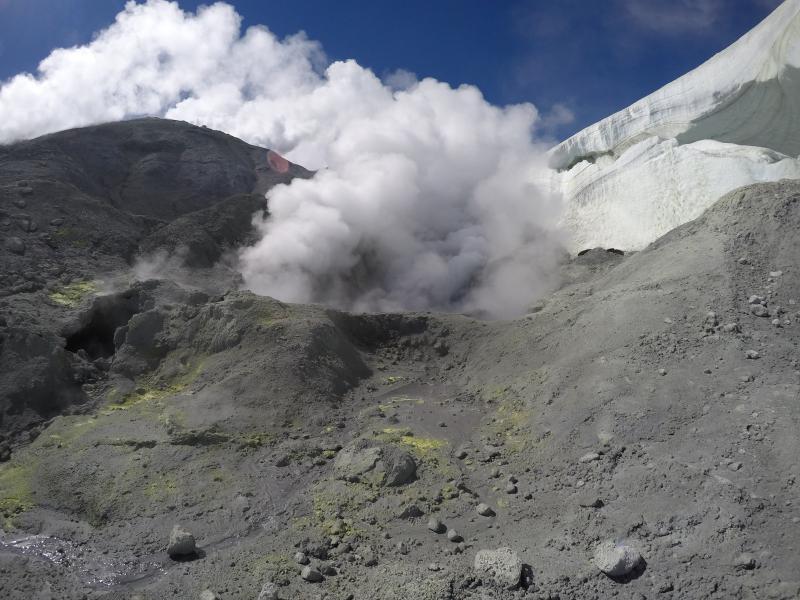 Active fumaroles and yellow sulfur deposits around the summit crater at Makushin volcano.