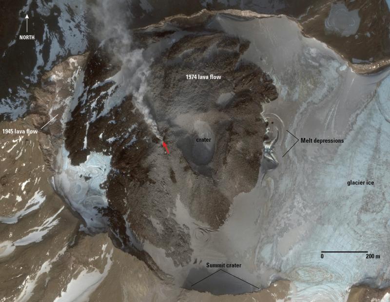 Worldview-3 satellite image of the summit area of Great Sitkin volcano, November 21, 2017. The area of steaming indicated by the red arrow is the likely source of the volcanic emissions noted and photographed by local observers on Adak, November 19, 2017. The melt depressions on the east side of the 1974 lava flow were evident in a September 14, 2017 satellite image but not present in an April 18, 2017 image indicating that they likely formed during the spring-summer 2017. Image data acquired with the Digital Globe NextView License