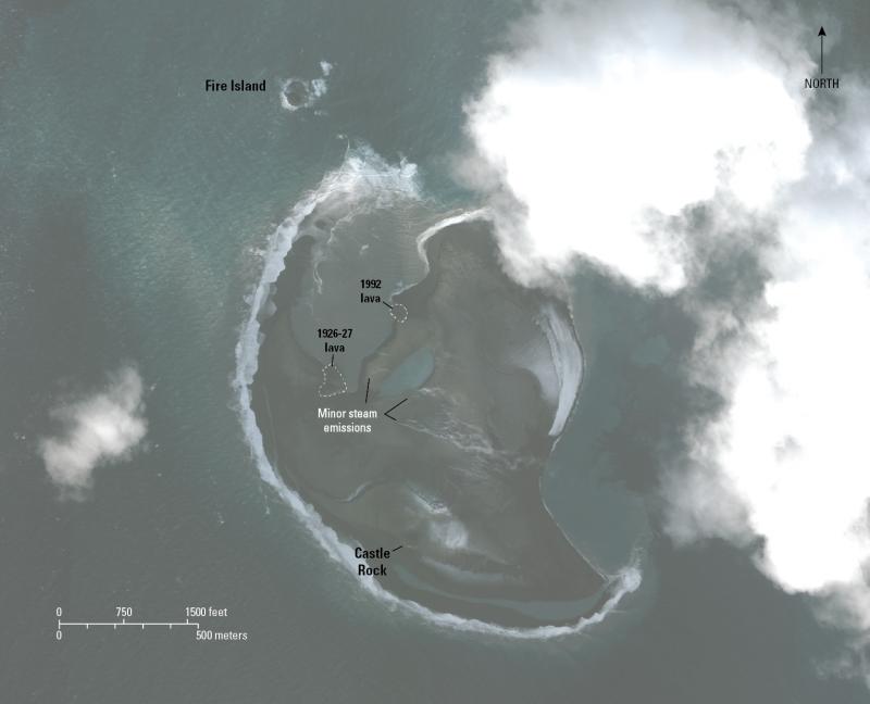Worldview-3 satellite image of Bogoslof Island, December 3, 2017. Erosion of the island by waves has been occurring and no new eruptive material has been added to the island since the end of August, 2017. The approximate area of the island in this image is 1.3 square kilometers. Image data acquired with the Digital Globe NextView License.