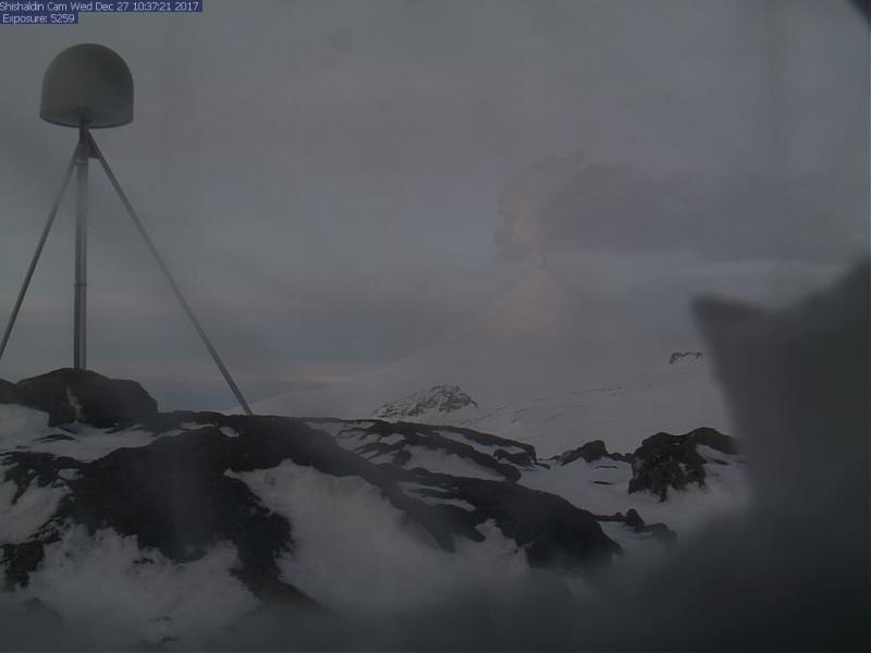 Robust steam plume from the summit of Shishaldin volcano as seen from the Shishaldin webcam the morning of Dec. 27, 2017.
