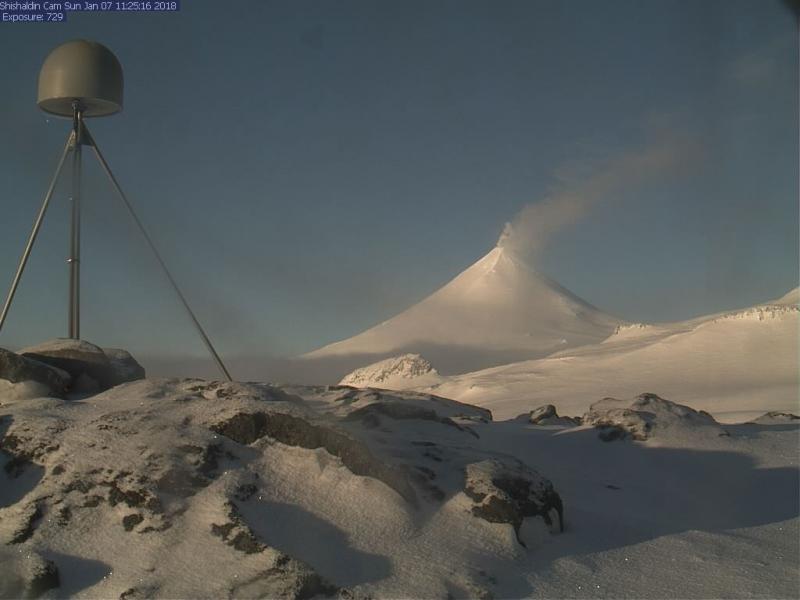 Webcam view of steaming from the summit of Shishaldin volcano.