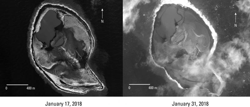 Worldview-2 satellite images of Bogoslof Island from January 17 and January 31, 2018. The steam emission evident in the January 17 image has been persistent since late August, but appears to be declining in these images. Wave erosion is beginning to remove material emplaced during the 2016-17 eruption, particularly evident on the southwest side of the island. The island area in both images is about 1.6 square km. Image data acquired with the Digital Globe NextView License.