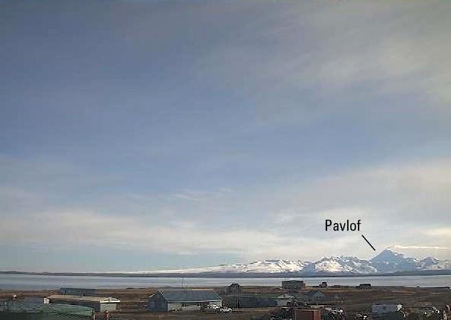 Internet camera image from the Federal Aviation Administration Cold Bay NE camera, March 25, 2016, 18:57 UTC (10:57 AKDT). Note prominent steam plume emanating from Pavlof summit. This was the first noteworthy sign of unrest preceding the March 27, 2016 eruption of Pavlof Volcano. 