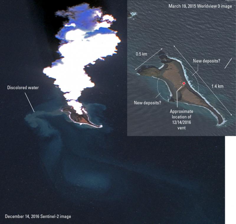 Composite images of Bogoslof Island from March 19, 2015 and December 14, 2016. The March 19, 2015 image shows the pre-eruption configuration of Bogoslof Island and the approximate location of the vent apparent in the December 14, 2016 Sentinel-2 image. Also show are what appear to be new deposits on the east and west sides of the island. These apparent deposits and the robust volcanic cloud suggest that eruptive activity at Bogoslof was underway by December 14, 2016. Figure by Chris Waythomas, USGS/AVO. 