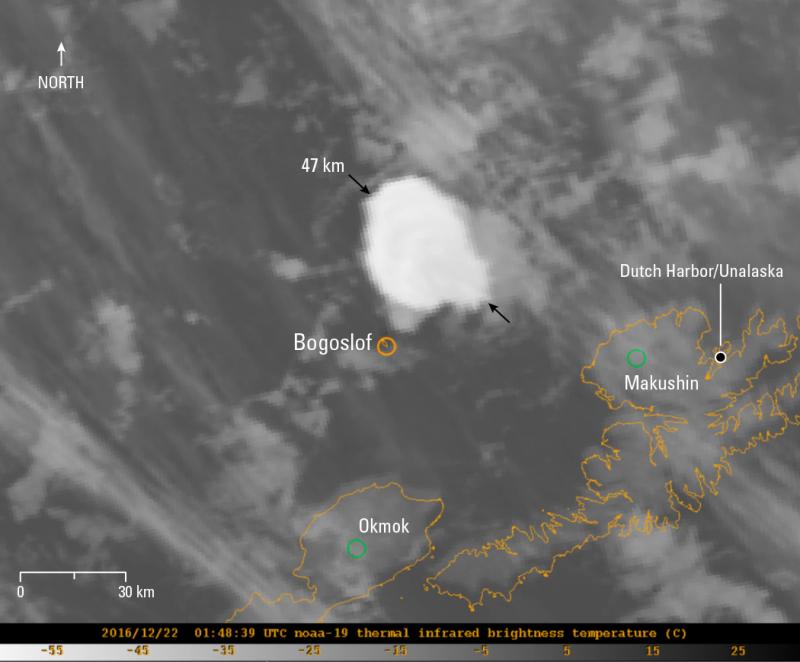 NOAA-19 Thermal Infrared image showing volcanic cloud erupted from Bogoslof at 01:48:39 UTC December 22, 2016 (16:48 AKST, December 21). The bright cloud reached a height of about 10.6 km (35,000 ft) asl and probably contained significant amounts of water vapor and ice. 