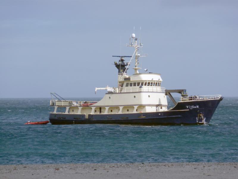 The M/V Tiglax anchored off the beach of southern Kasatochi Island.