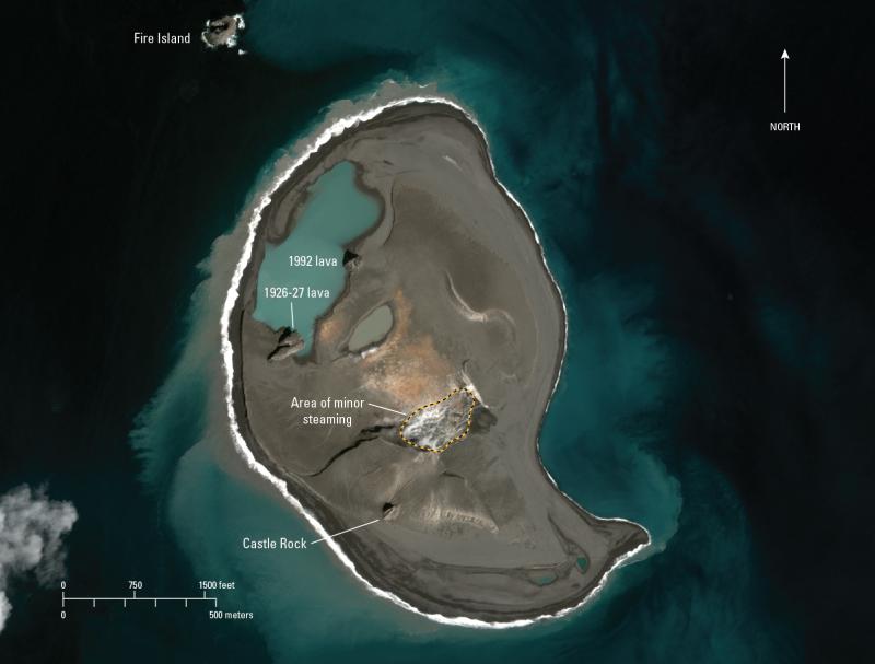 April 20, 2018 WorldView-3 image of Bogoslof Island. The land area of the island is about 1.4 square km and is about the same as observed in a previous image from late February, 2018. The area of minor steaming is slightly smaller and is consistent with the decline in unrest and cooling of the deposits emplaced during the 2016-17 eruptive period. Satellite data obtained with Digital Globe NextView License. 
