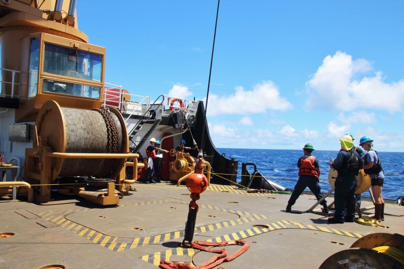 Field photos from the CNMI hydrophone array recovery on June 19, 2018. Four hydrophone moorings were successfully retrieved from the Philippine Sea NW of Saipan with the US Coast Guard cutter Sequoia. The ship crew provided tremendous help in the recovery.