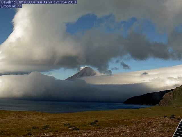 Cleveland webcam catches a glimpse of the summit, with minor steaming, July 24, 2018. Real-time images from this webcam are at https://www.avo.alaska.edu/webcam/Cleveland_CLCO.php