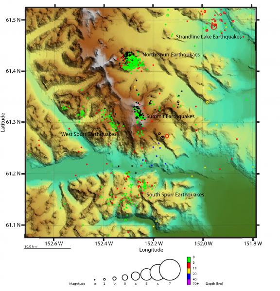 Epicentral map showing the clusters of seismicity near Mount Spurr in 2017. (A) Spurr summit earthquakes, (B) North Spurr earthquakes, (C) West Spurr earthquakes, (D) South Spurr earthquakes (E) Strandline Lake earthquakes.