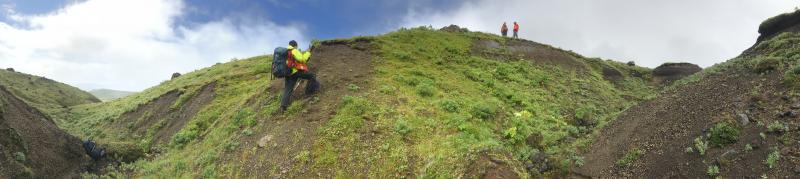 Shishaldin geology fieldwork, August 2018. Station 18JRSSH037. Fisher caldera-forming eruption deposits. Janet Schaefer (DGGS/AVO), Andy Calvert (USGS/CalVO) and Matt Loewen (USGS/AVO) for scale.