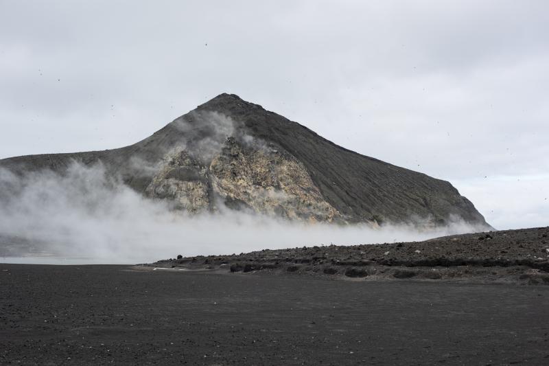 Lava dome mantled by pyroclastic debris on the southwest portion of Bogoslof Island. View is toward the west.
