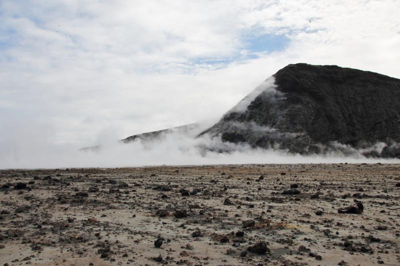 Day 1 of Bogoslof field work in August 2018. Former bay/lake bed with fumaroles and steaming 2016-17 dome.