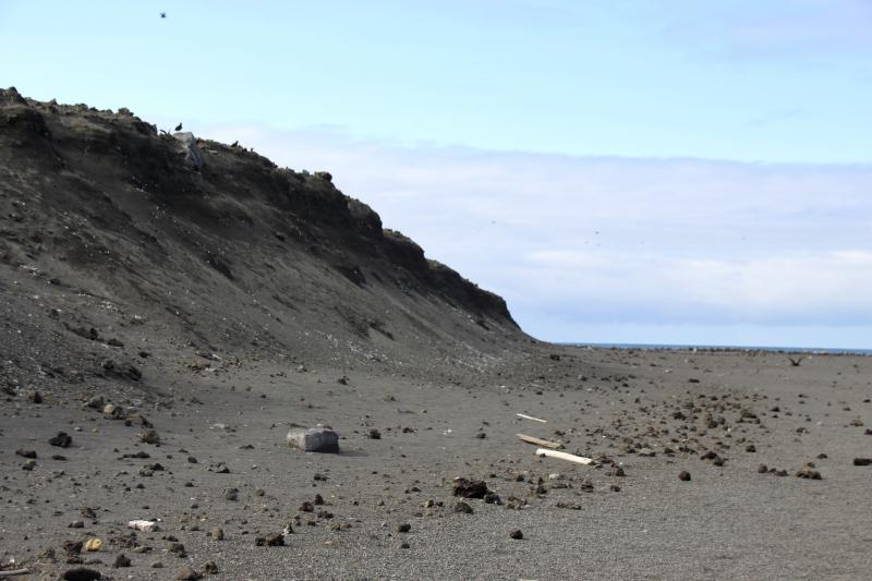 Day 1 of Bogoslof field work in August 2018. Eastern beach and northeastern cliffs of north northern shelf.