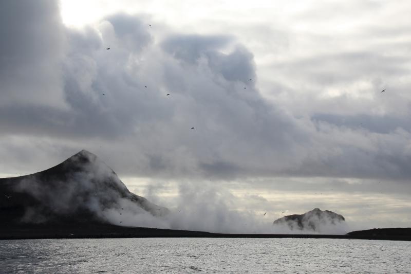 Day 1 of Bogoslof field work in August 2018. Steaming 2016-17 dome, fumaroles, 1926-27 dome, and part of south northern shelf.