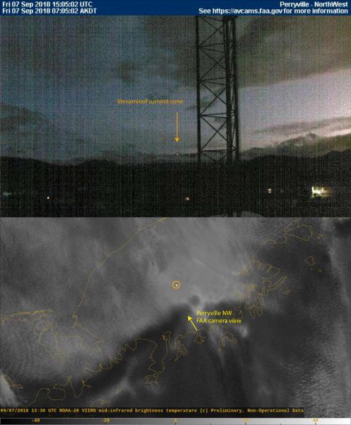 Visible incandescence at the summit of Veniaminof from the Perryvillle NW FAA webcam at dawn on September 7, 2018 (top image). Saturated mid-IR signal in VIIRS satellite imagery occurred during the same time period (example image at bottom). 