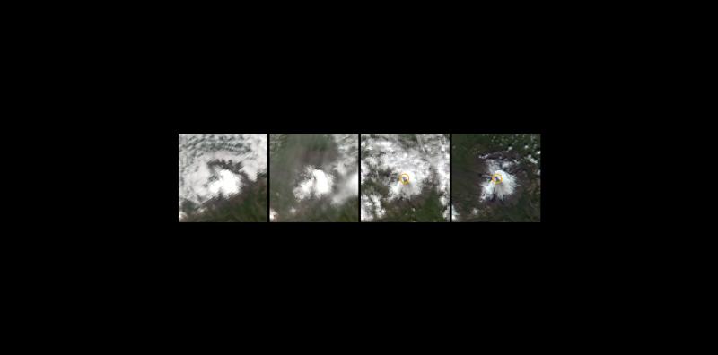 Cropped VIIRS visible satellite images from the first week of Veniaminof eruption, showing the change in ash deposition in the snowfield with growth to the east. 