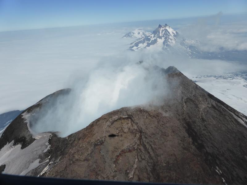7 August 2018 overflight of Shishaldin.  Isanotski and Roundtop visible in distance.