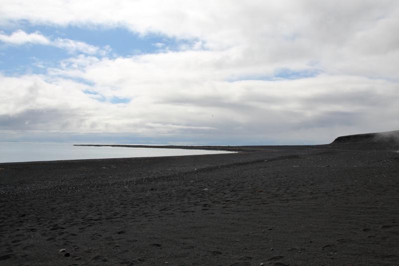 Day 2 of Bogoslof field work. View of southeastern beach and southern point. Southern shelf visible on right. Taken facing south.