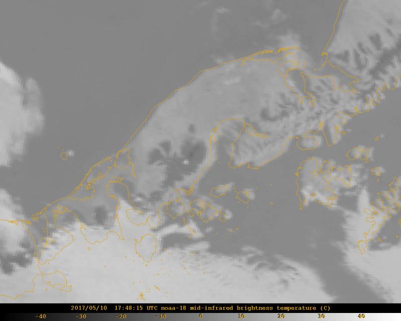 Possible moderate thermal signal at Pavlof in mid-IR image from 17:48, 10 May 2017 in a  daytime image.