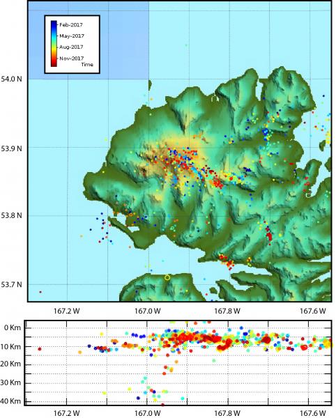 Seismicity on the western half of Unalaska island in 2017. 