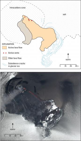 Photograph and sketch map of lava flows and other features at the intracaldera cone of Veniaminof volcano, September 26, 2018. Photo courtesy of Mark Laker, U.S. Fish and Wildlife Service; annotated sketch map by Chris Waythomas, USGS/AVO. 